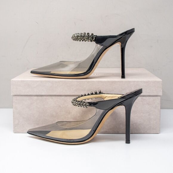Jimmy Choo Bing 100, Size 36 (6 US) Black Patent Leather Crystal Strap Heels - Picture 3 of 8